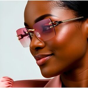 Rimless‎ Sunglasses Pink Lens Gold Frame Rectangle Fashion Shades Classic Retro